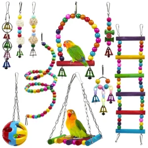 10 Pack Bird Cage Toys for Parrots Swing Hanging Chewing Bite Bridge Wooden Beads Ball Bell Toys