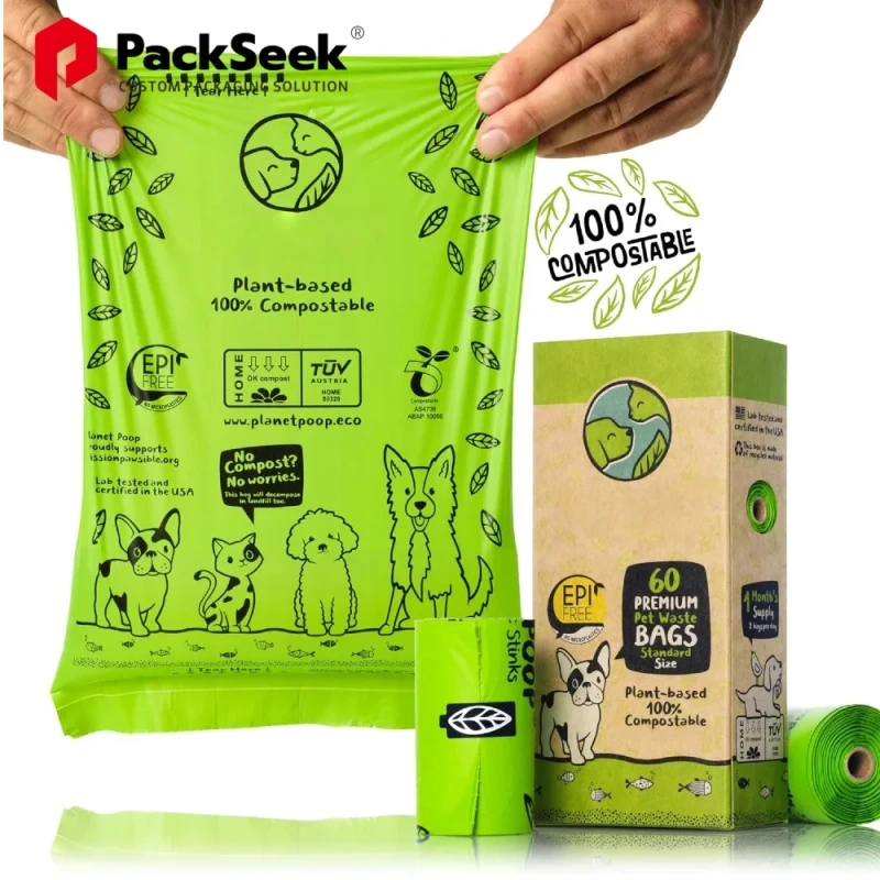 100% Compostable T shirt Dog Poop Bags Leak Proof Easy Tie Handle Pet Waste Bags (Custom Logo)