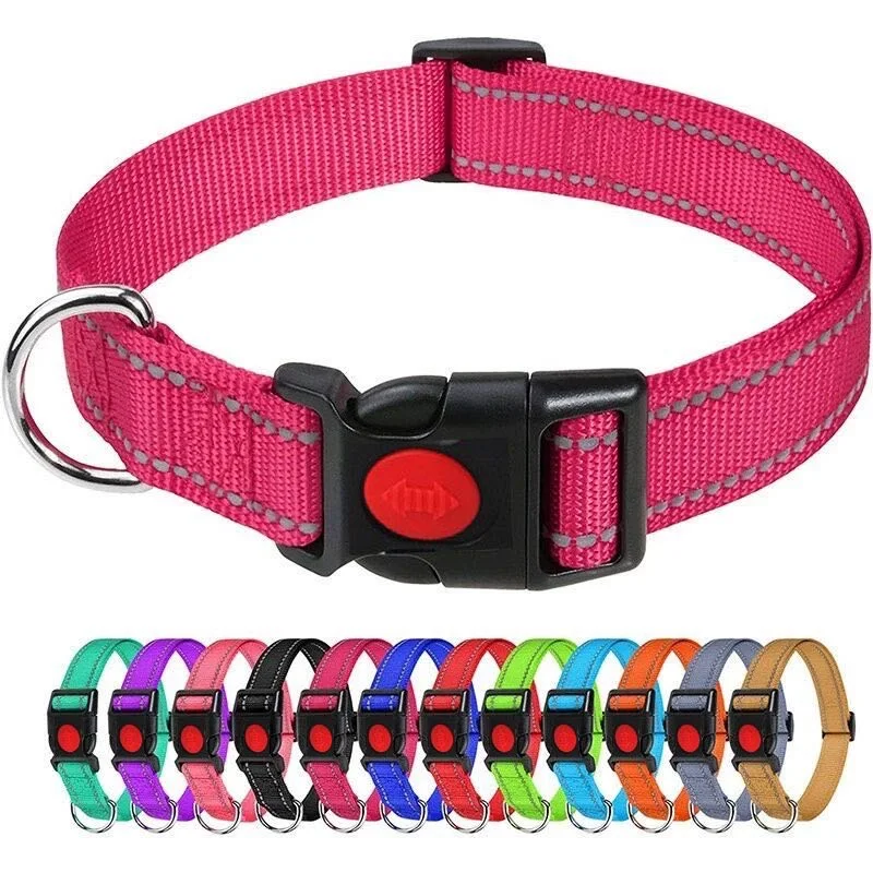 12 Color Solid Small Dog Adjustable Reflective Nylon Pet Collar with D Rings