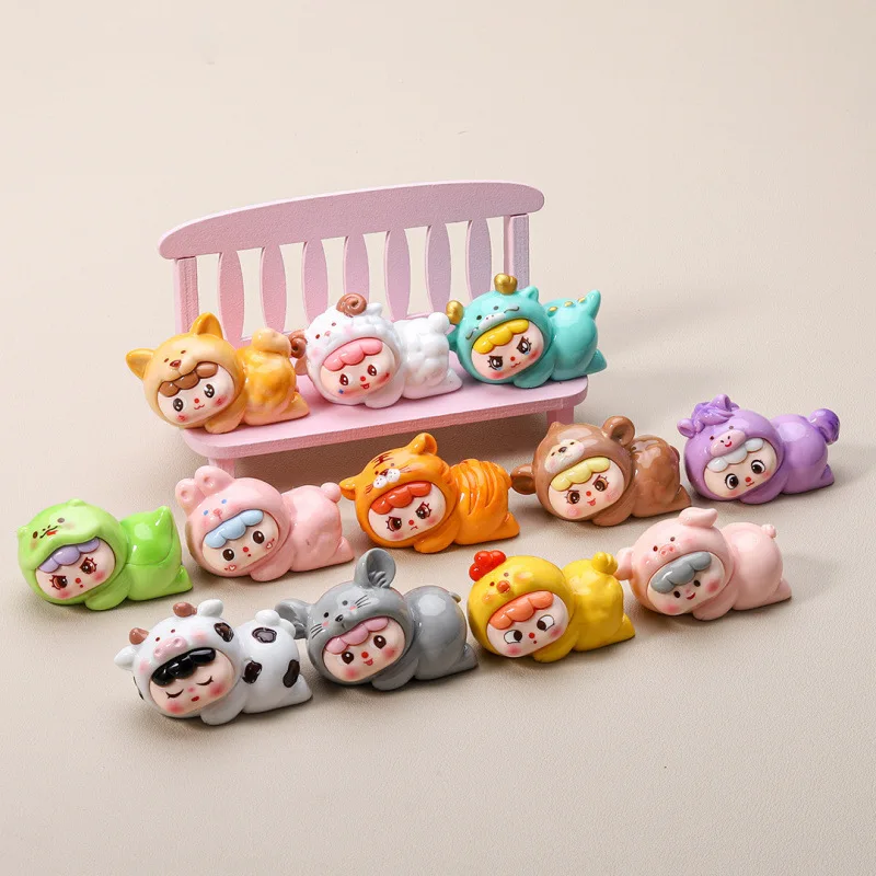 12Pcs Zodiac Animal Resin Figurines Cute Lying Down Style Mini Collectible Ornaments for Home Desk Shelf Decor