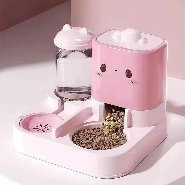2 in 1 Automatic Pet Supplies Dispenser Durable Plastic Cartoon Cat & Dog Food & Water Basin Portable for Small Animals
