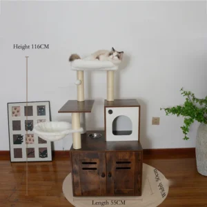 2 in 1 Rustic Brown Large Wood Cat Tower Modern Indoor Cat Tree Litter Box Enclosure Cat Condo Basket Scratching Posts Pet House