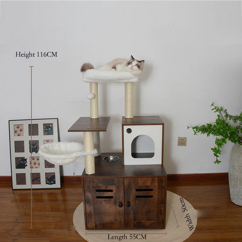 2 in 1 Rustic Brown Large Wood Cat Tower Modern Indoor Cat Tree Litter Box Enclosure Cat Condo Basket Scratching Posts Pet House