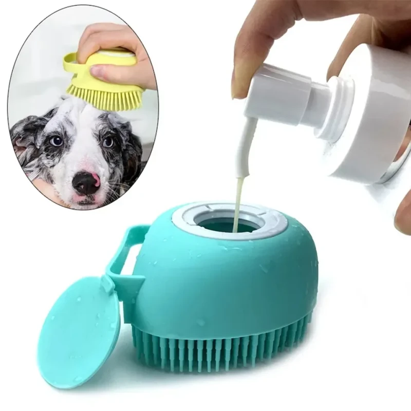 2 in 1 Soft Silicone Pet Grooming Cleaning Shower Body Scrubber Cat Bath Massage Dog Brush with Shampoo Dispenser for Pet