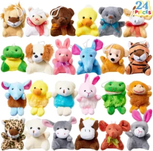24 Pack 3″ Mini Animal Plush Toys Kids’ Keychains Bulk for Carnival Prizes School Gifts Valentine Favors