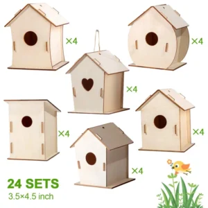 24 Sets DIY Unfinished Wooden Bird House 6 Styles Natural Wood Hanging Bird Nest Outdoor Kids Painting Craft Birdhouse