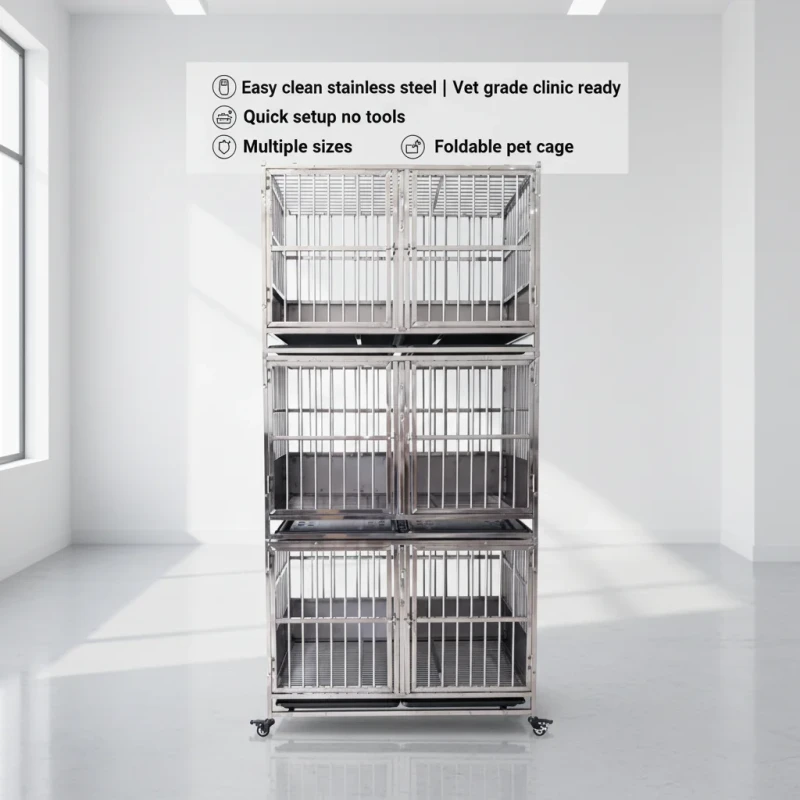 3 Layers 6 Doors Stainless Steel Pet Folding Cage 94x63x205cm Stackable Foldable Veterinary Equipment