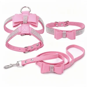 3-Piece Set Rhinestone Adjustable Dog & Cat Collar Comfortable Leash and Bowknot Harness