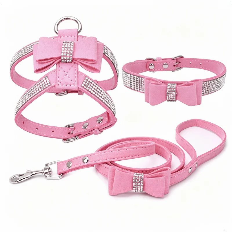 3-Piece Set Rhinestone Adjustable Dog & Cat Collar Comfortable Leash and Bowknot Harness