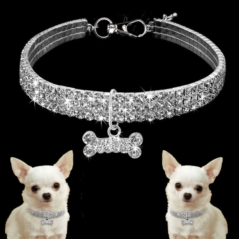 3 Row Rhinestone Elastic Pet Collar Crystal Pet Necklace for Dogs and Cats Simple Decorative Pet Neck Collar Customized