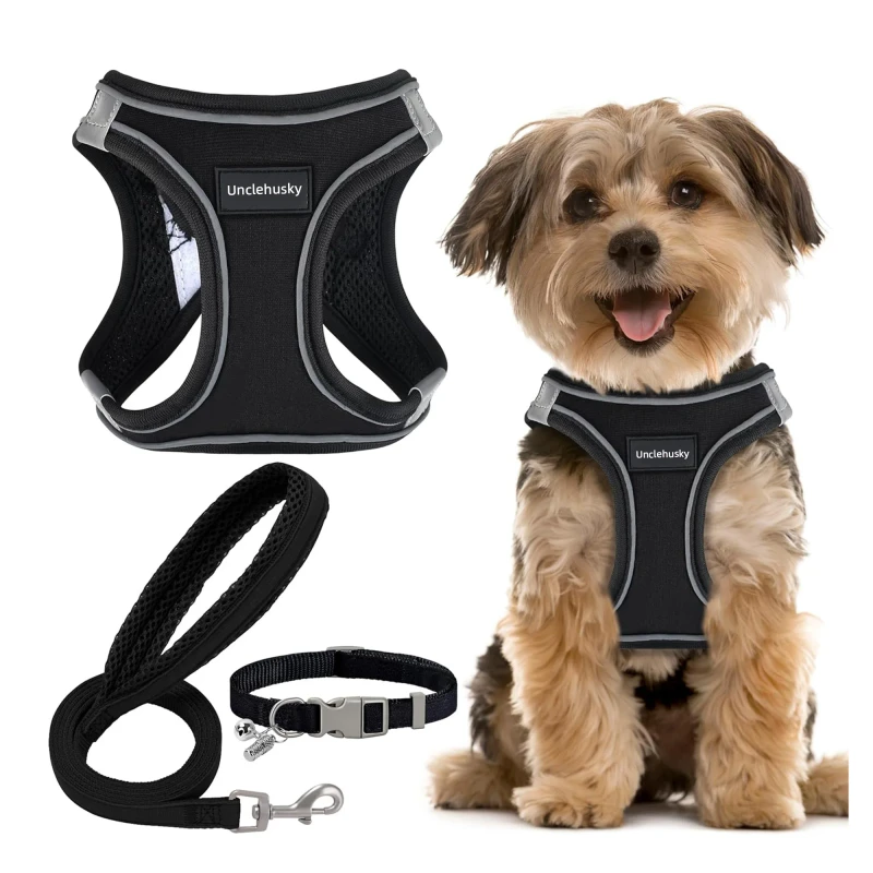 3 in 1 Pet Harness Collar and Leash Set 100% Linen Reflective Breathable No Pull Dog Harness for Small Dogs
