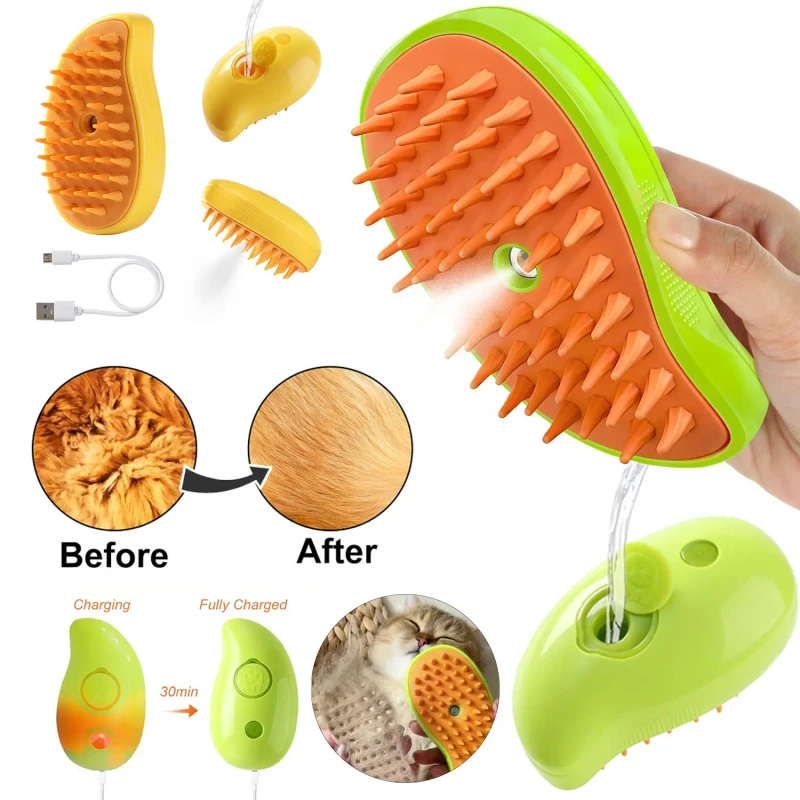 3 in 1 Rechargeable Pet Water Spray Brush Soft Dog and Cat Hair Steamy Comb Cat Steam Brush for Cat Massage Bathing and Cleaning