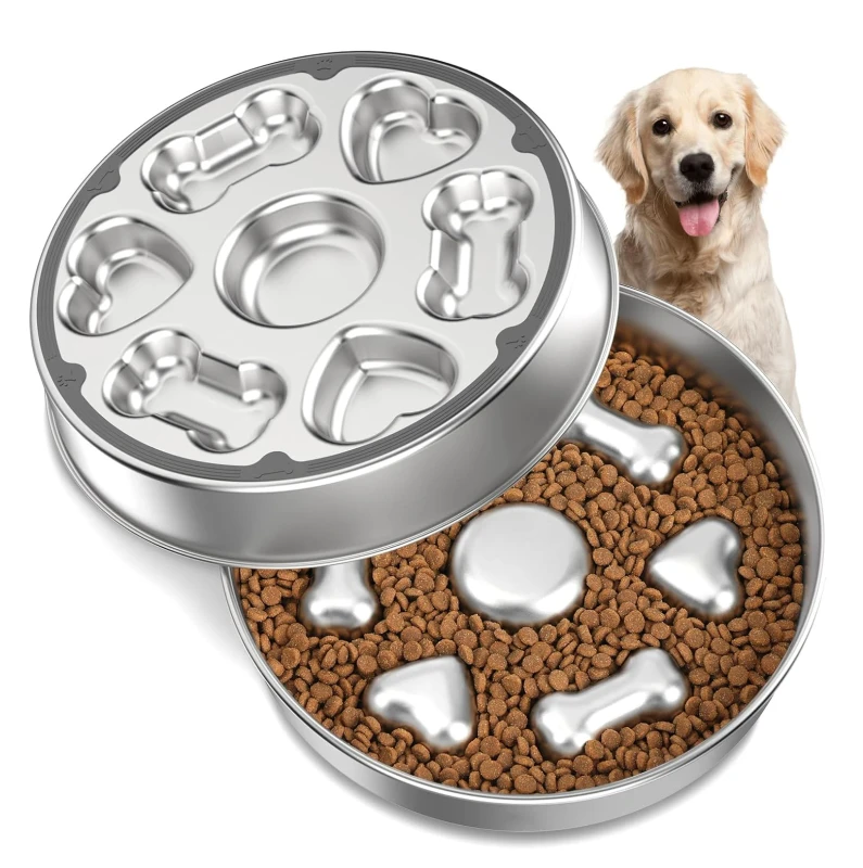 304 Stainless Steel Slow Feeder Bowl 5 Cups Metal Pet Food Bowl with Non Slip Base Slow Feeder Dog Dish Bowls