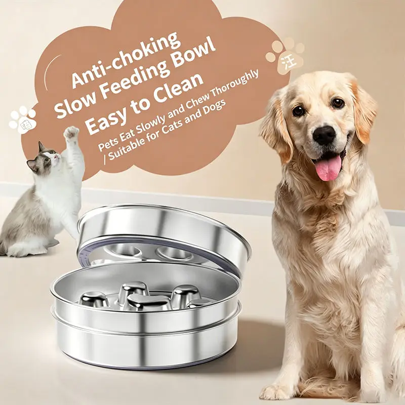 304 Stainless Steel Slow Feeder Dog Bowl Anti Choking Non Slip for Medium Large Dogs & Cats