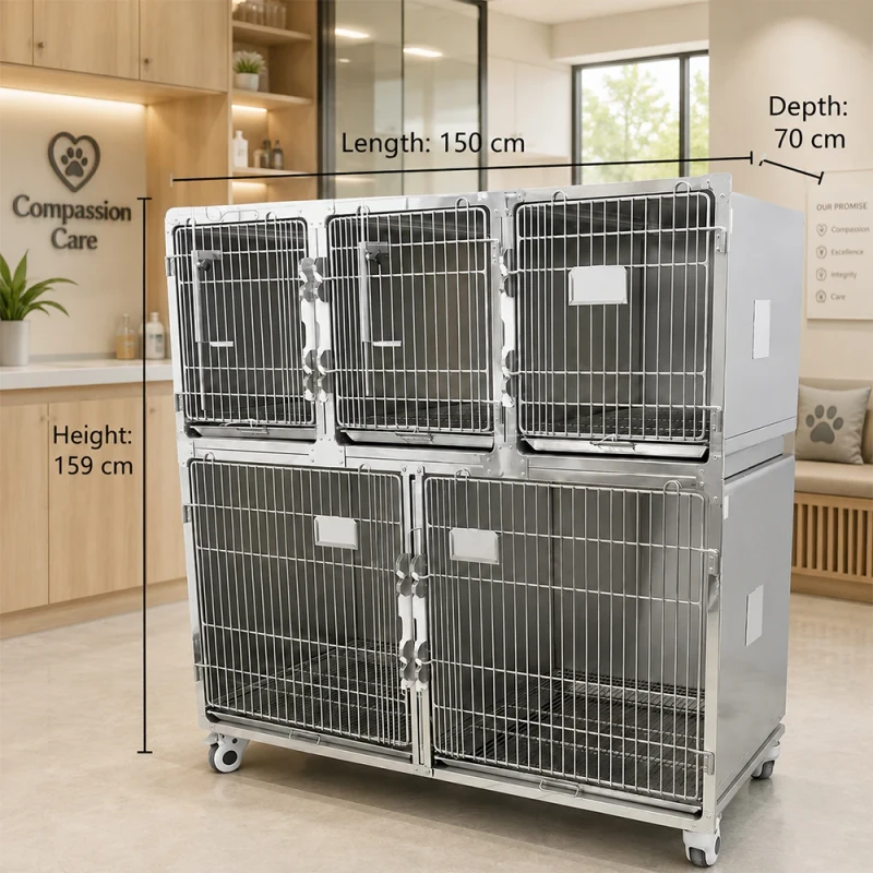 304 Stainless Steel Veterinary Cage Pet Animal Hospital Dog Cat Kennel with Durable Wheels