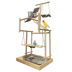 32″ Tall 4 Layer Large Bird Playstand Wood Parrot Gym for Parakeets Lovebirds Conures Cockatiels Finches & Medium Birds