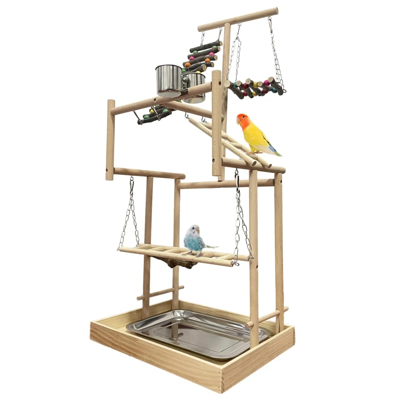 32" Tall 4 Layer Large Bird Playstand Wood Parrot Gym for Parakeets Lovebirds Conures Cockatiels Finches & Medium Birds