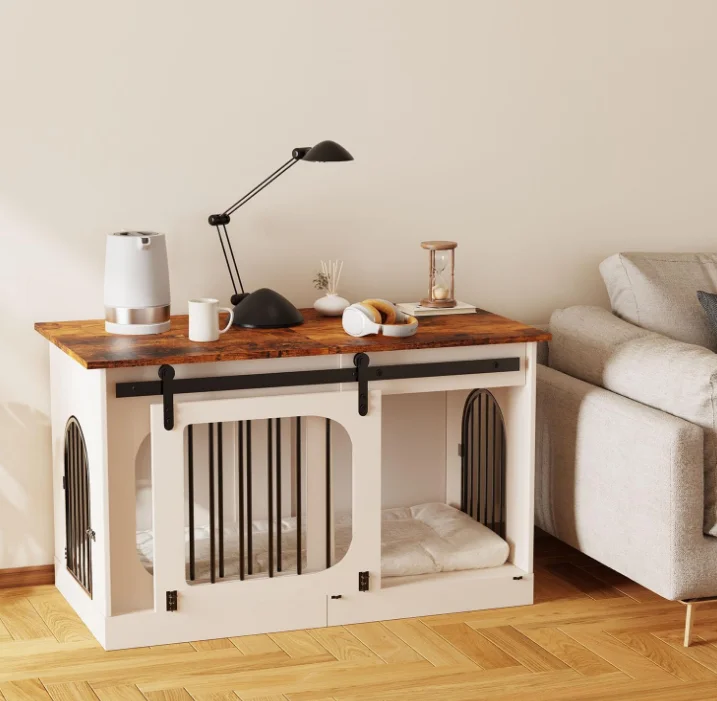 39.4 Inch Modern Farmhouse Dog Kennel Crate Furniture Decorative White Wooden Pet House with Cushion Indoor End Table Cage
