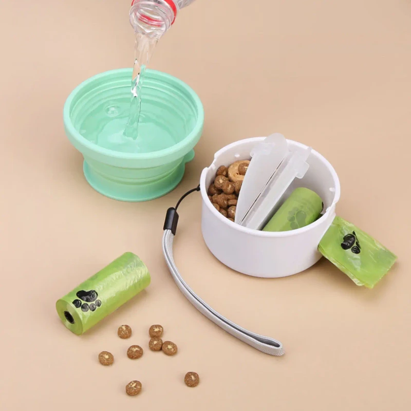 3in1 Dog Bowl Pick up Poop Bag Outdoor Pet Accessories Drinking Cup Pet Carrying case Folding Pet Bowl for Dog Puppy