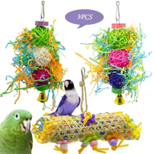 3pcs Bird Toys Parrot Chewing Supplies Tools Rattan Balls Grass Wooden Cross Border Combination