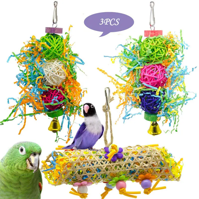 3pcs Bird Toys Parrot Chewing Supplies Tools Rattan Balls Grass Wooden Cross Border Combination
