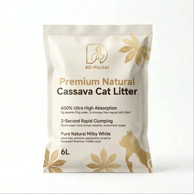 4D Pocket Cassava Cat Litter Eco Friendly Dust Free Water Absorption 550% Fast Clumping Flushable Biodegradable