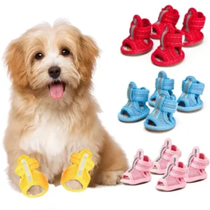 4PCS Summer Dog Shoes Paw Protector Pet Mesh Sandal Shoes Non Slip Dog Boots with for Small Medium Dogs and Cats