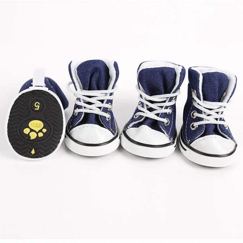 4pcs Classic Cute Dog Sneaker Breathable Denim and Cotton Pet Shoes with Print Winter Walk friendly Jeans Shoes for Cats