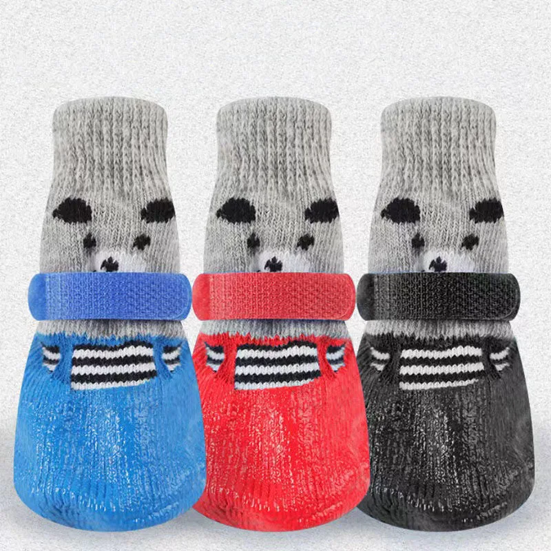 4pcs Warm Puppy Dog Shoes Soft Breathable Pet Knits Socks Cartoon Anti Slip Skid Socks for Small Dogs