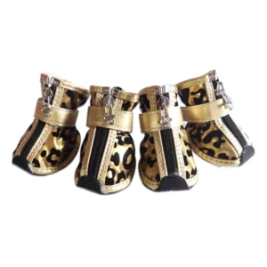 4pcs/set Gold Leopard PU Leather Pet Dog Shoes Anti-Slip Waterproof Booties for Small Dogs Teddy Cats for Winter Summer-ZL353