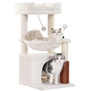 5 in 1 Small Cat Tree with Scratching Post and Large Hammock and Self Groomer Plush Cat Tower for Indoor Cats