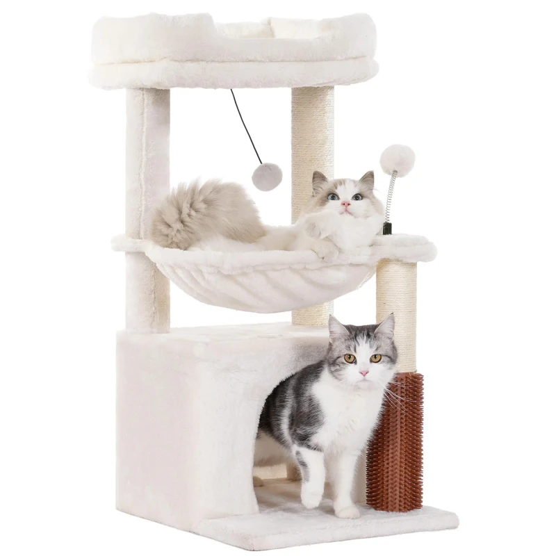5 in 1 Small Cat Tree with Scratching Post and Large Hammock and Self Groomer Plush Cat Tower for Indoor Cats