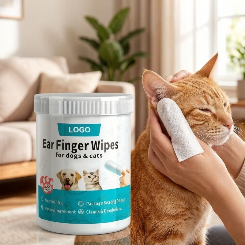 50pcs Pet Ear Clean Finger Wipes Non-Woven Soft Mild Formula for Dogs Cats Custom Logo Pearl Pattern Design