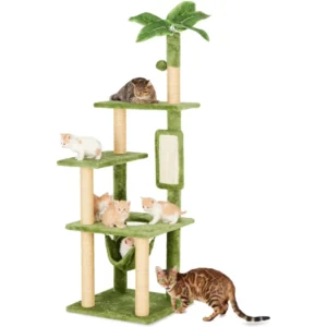 55″ Eco Friendly Wood and Sisal Multi Level Cat Tree with Green Leaves Indoor Hammock and Plush Cat House in Carton