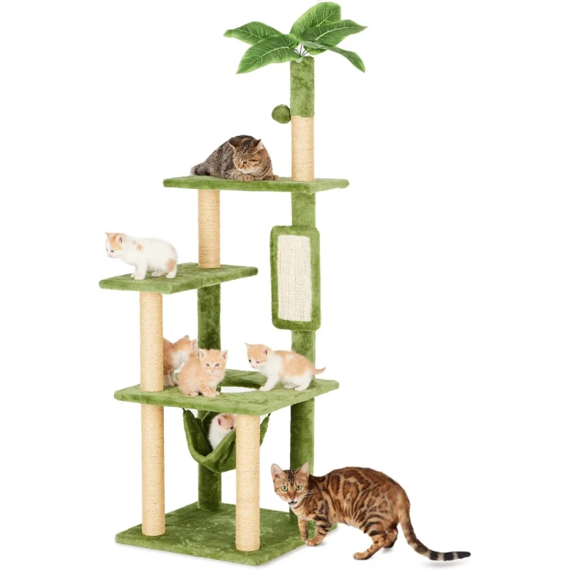 55" Eco Friendly Wood and Sisal Multi Level Cat Tree with Green Leaves Indoor Hammock and Plush Cat House in Carton