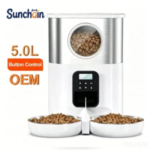 5L Dual Bowls Stainless Steel Automatic Cat Feeders Timed Pet Dry Food Dispenser with Voice Record Button Control for Two Cats