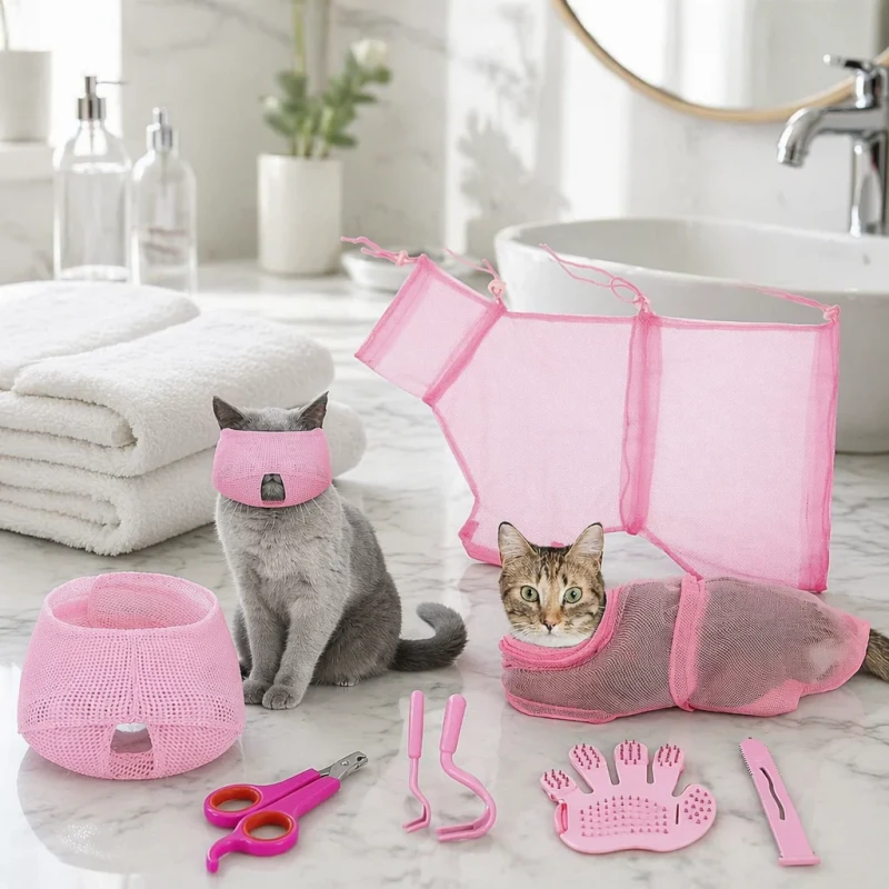5pcs Pet Bathing Washing Bag Set Adjustable Mesh Cat Grooming Kit Anti Scratch Cat Restraint Muzzle for Nail Trimming