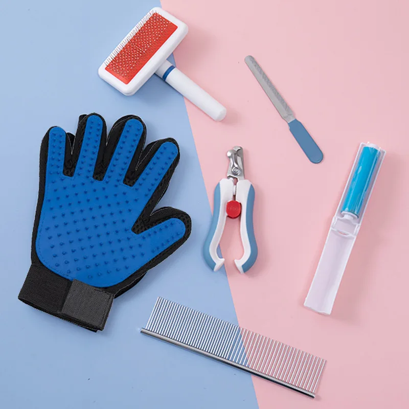 5pcs/set Pet Dog Beauty Set Grooming Cleaning Kit Nail Clipper Comb Brush Gloves