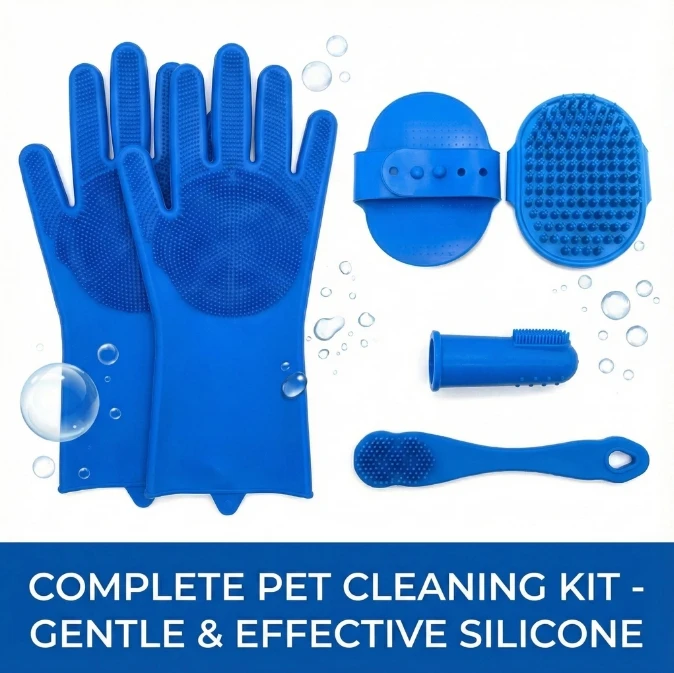6 Piece Pet Grooming Kit for Dogs Cats Horses Includes Dog Washing Gloves Bath Brush Shampoo Brush Toothbrush