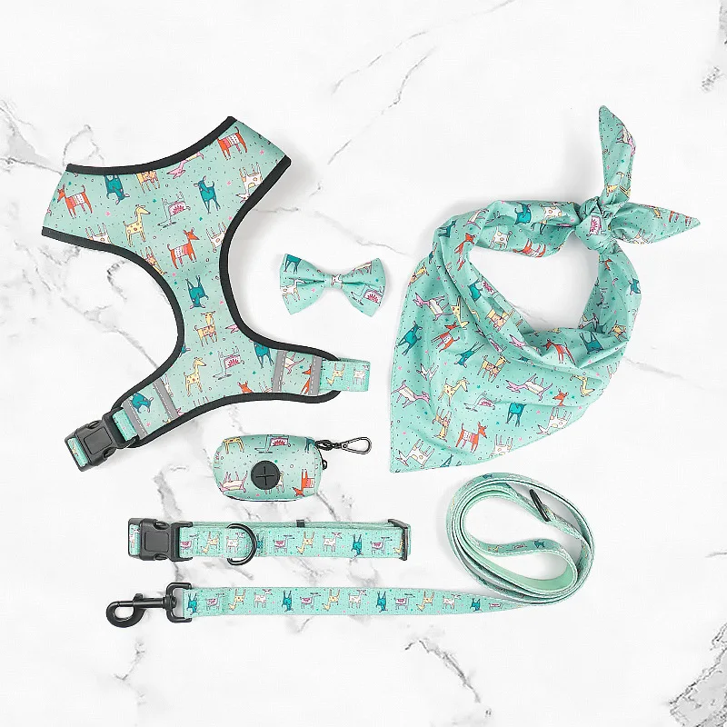 6 pcs Set Dog Outdoor Walking Accessories Custom Logo Adjustable Designer Polyester Pet Harness Set