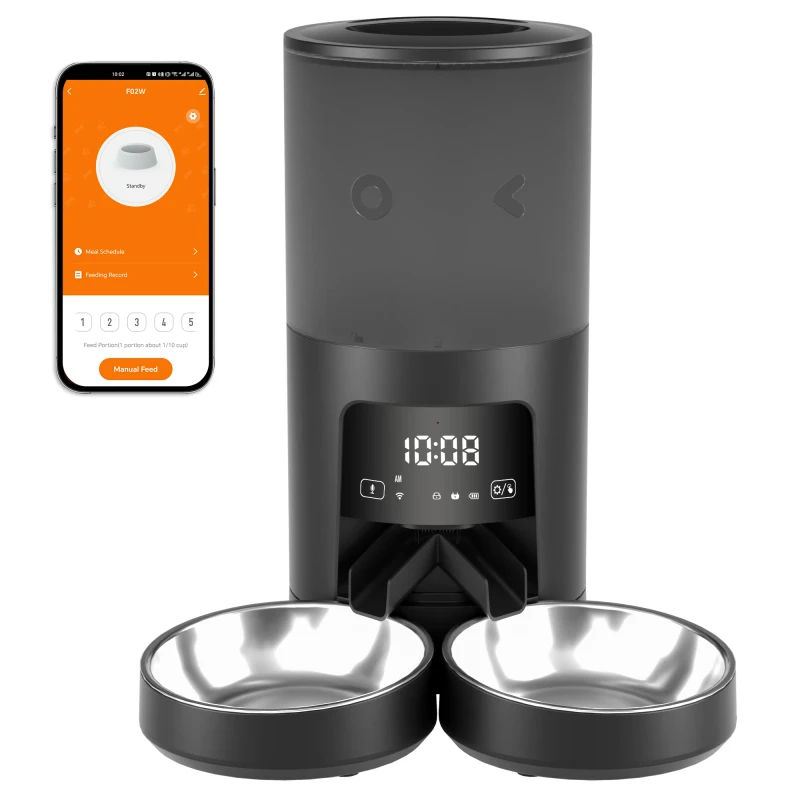 6L Two Bowls Automatic Pet Feeder 6-Meal LCD Timing Intelligent WiFi Charge Source Made Plastic White Indoor Travel Use Feeder