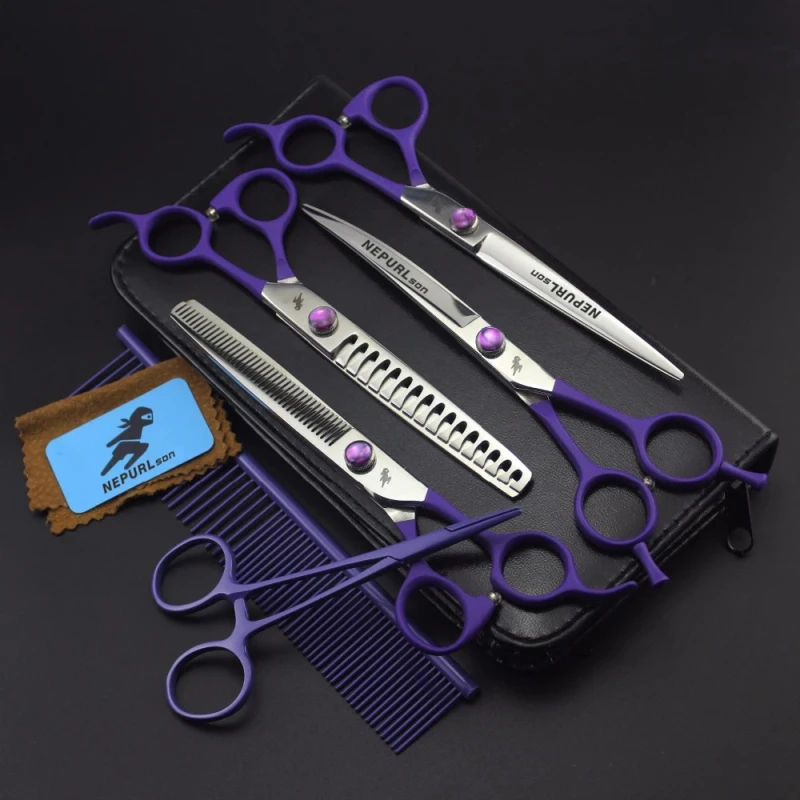 7.0 Inch PC 01 Professional Pet Grooming Kit Direct and Thinning Scissors and Curved 4 Pieces Purple Straight Handle PTS 087