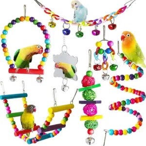 7pcs Pack Durable Eco Friendly Wood Parrot Bird Toys Accessories Set with Swing Suspension Bridge Ball Bells