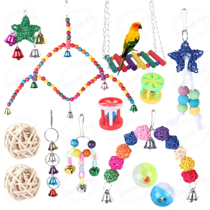 8 10 12 14 Packs Bird Toy Set Parrot Hanging Bell Cage Toy Bird Swing Chewing Toys