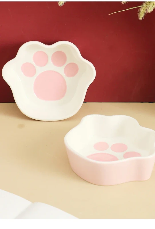 8 Oz Small Shallow Cat Paw Feeders Accept Customized Logo Easy Clean Water Dish Ceramic Food Bowls Outdoor
