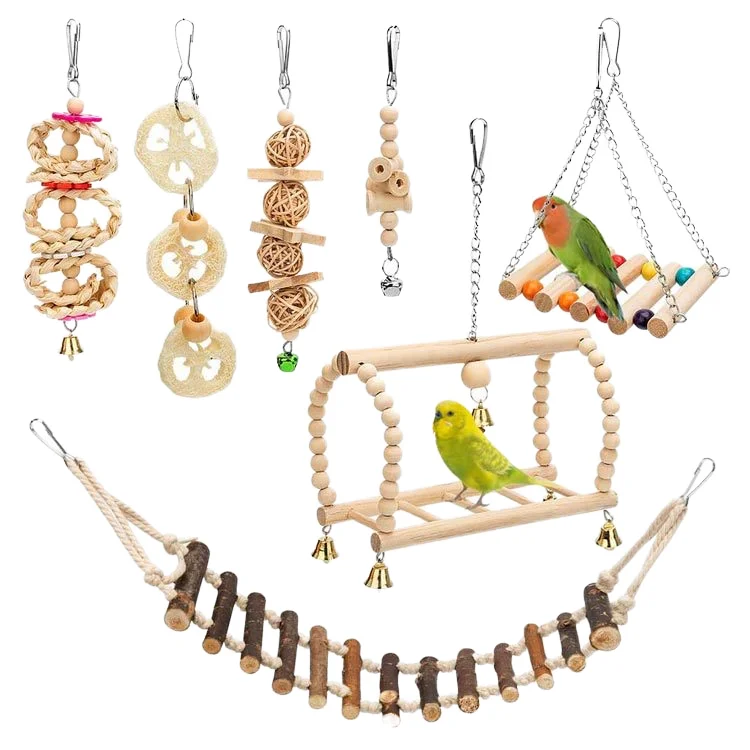 8 Pack Bird Parrot Toy Wooden Swings Educational and Entertaining Parrot Toys