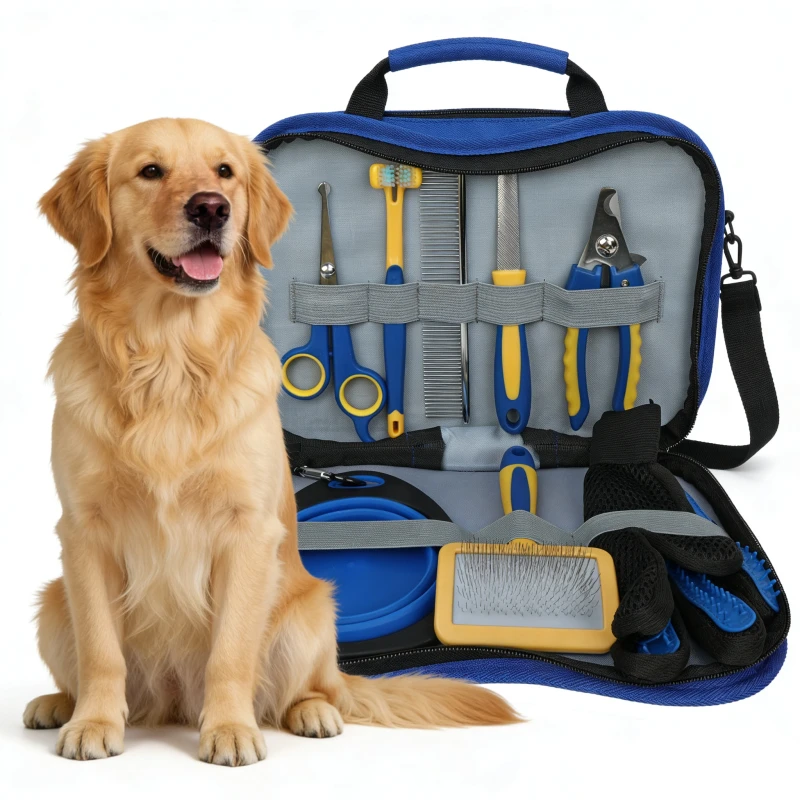 8 Piece Portable Foldable Pet Grooming Kit Complete Dog Cat Cleaning Set Nail Clippers Stainless Steel Plastic Safe Daily Care