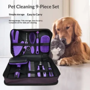 9 Piece Luxury Plastic Pet Grooming Kit Dog & Cat Brush Deshedding Comb Nail Clippers Scissors Storage Case Perfect Gift