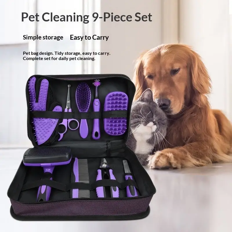 9 Piece Luxury Plastic Pet Grooming Kit Dog & Cat Brush Deshedding Comb Nail Clippers Scissors Storage Case Perfect Gift