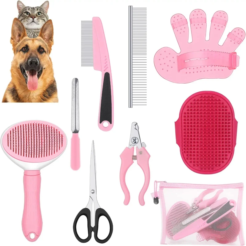 9 in 1 Pink Color Pet Grooming Multi functional Removal Comb and Cleaning Brush Set Pet Grooming Clipper Set